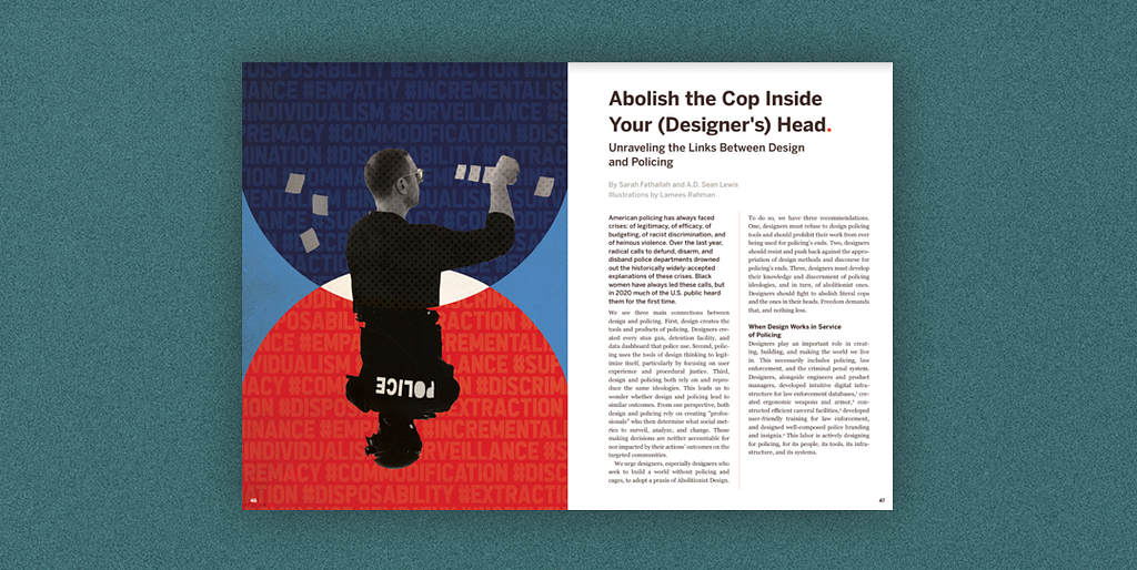 Cover illustration and the first page of the Abolish the Cop Inside Your (Designer’s) Head article