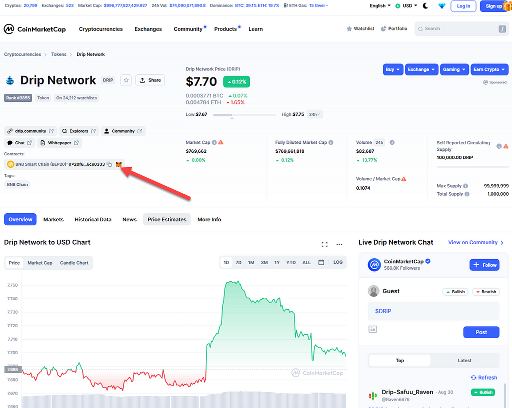 Adding Drip project into MetaMask from coin market cap.