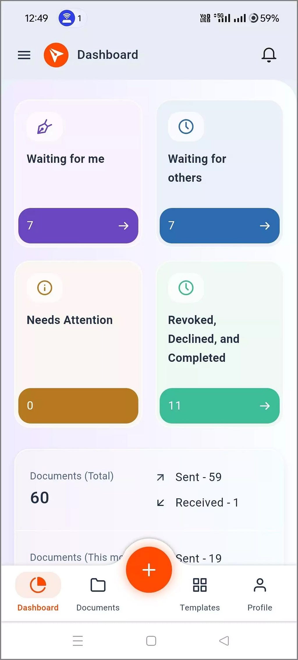 BoldSign Mobile App Dashboard Screen
