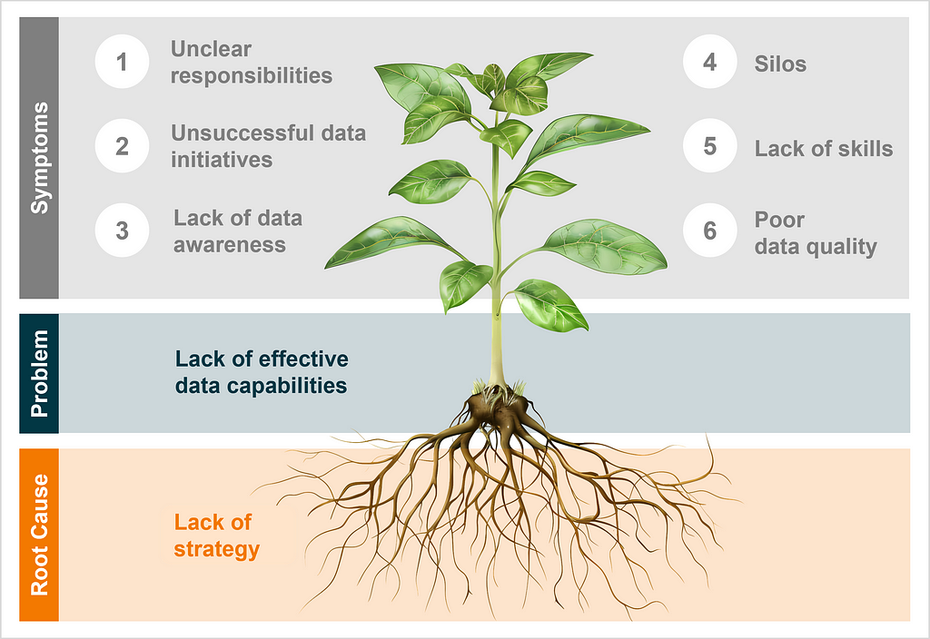 Root cause, problem and symptoms as an analogy of a plant: The symptoms are the leaves, the problem is the trunk, the root cause — surprise — is the root.