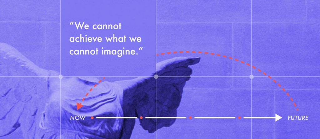 Quote from Elise Boulding, “We cannot achieve what we cannot imagine.” White text on purple background.