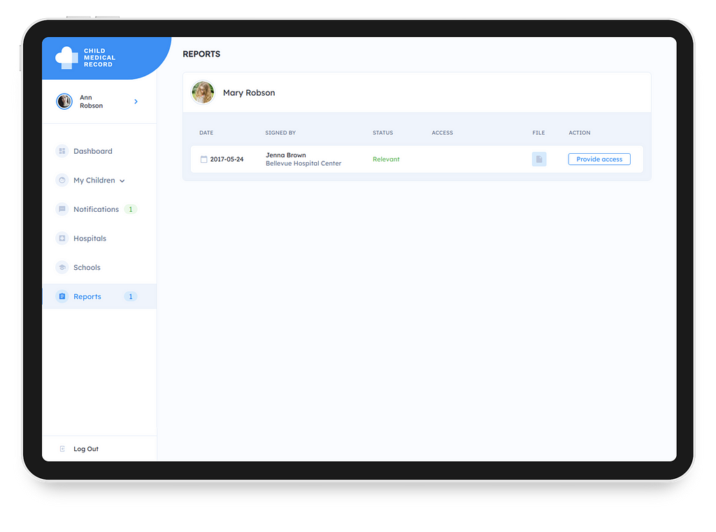 A page in the parent’s personal account, which displays the status of reports on the child’s health