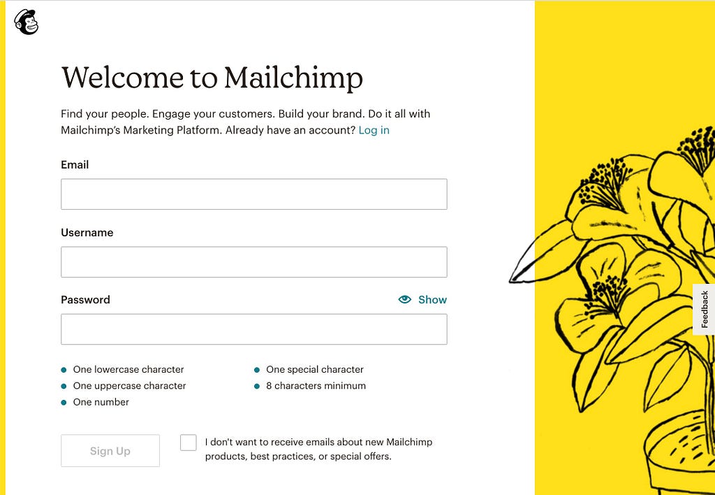 Welcome to Mailchimp signup screen