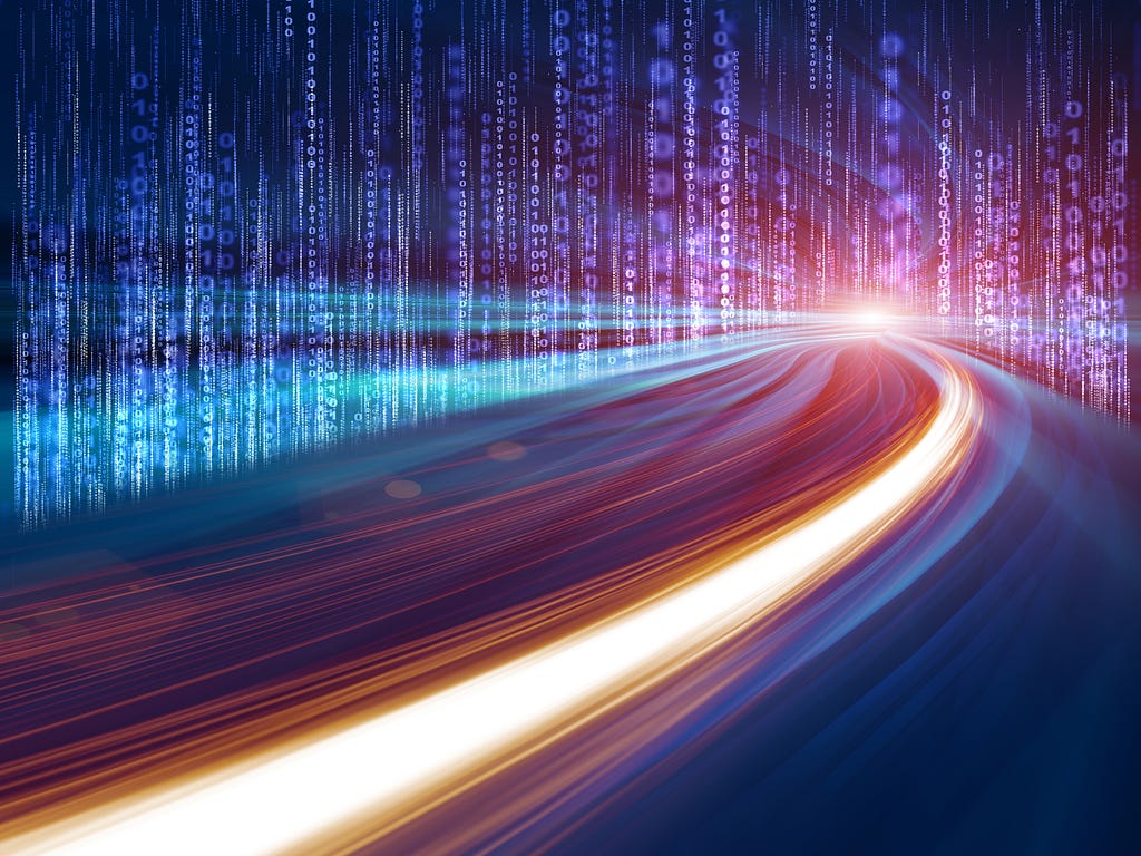 path of light and binary code representing data driven