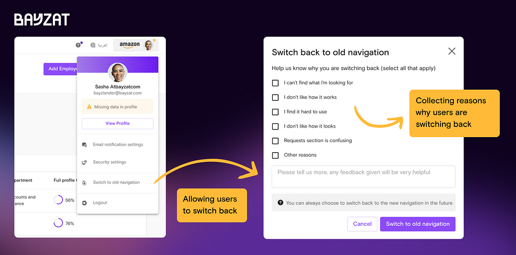 An image which shows how Bayzat gave users an option to switch back to the old navigation