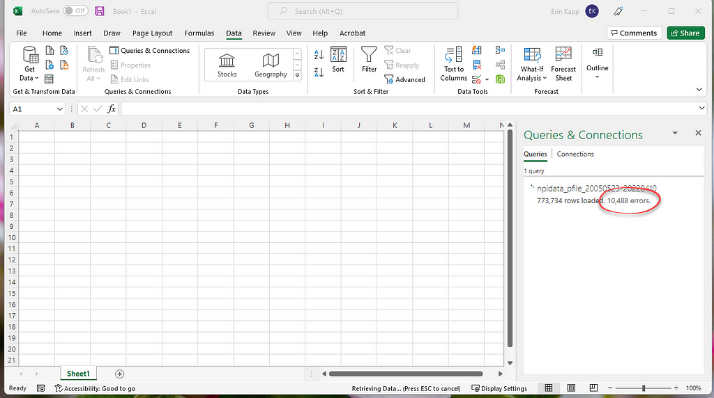 A screenshot of Excel showing a query in progress having 773,734 rows loaded with 10,488 errors
