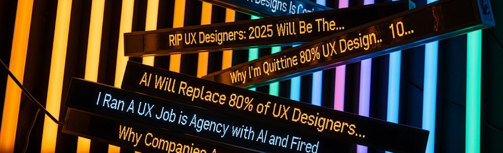 A stylized image of LED ticker signs arranged in a chaotic, overlapping stack against a background of glowing vertical light tubes in amber, blue, and purple. Each sign displays a dramatic AI-related headline fragment in yellow or white text.