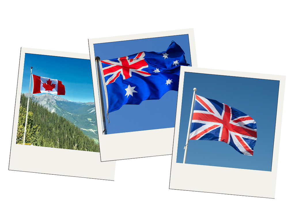 Polaroid framed photos of the flags of Canada, Australia and UK