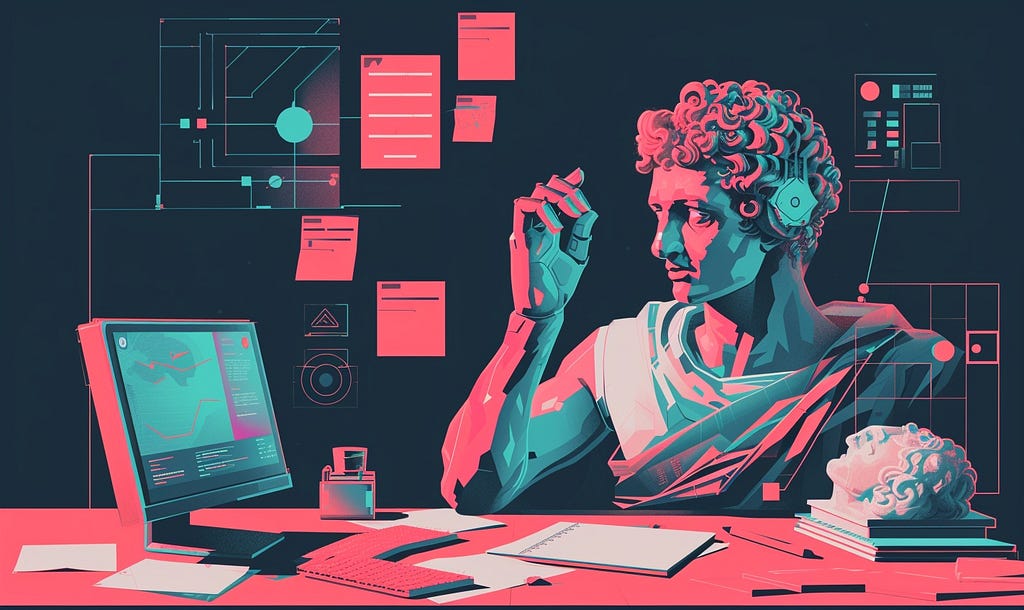 A stylized digital illustration of a classical statue with robotic enhancements, sitting at a modern desk. The statue appears to be interacting with futuristic, holographic screens displaying abstract data and interfaces. The color palette is predominantly neon pink and teal against a dark background, creating a high-tech, sci-fi atmosphere.