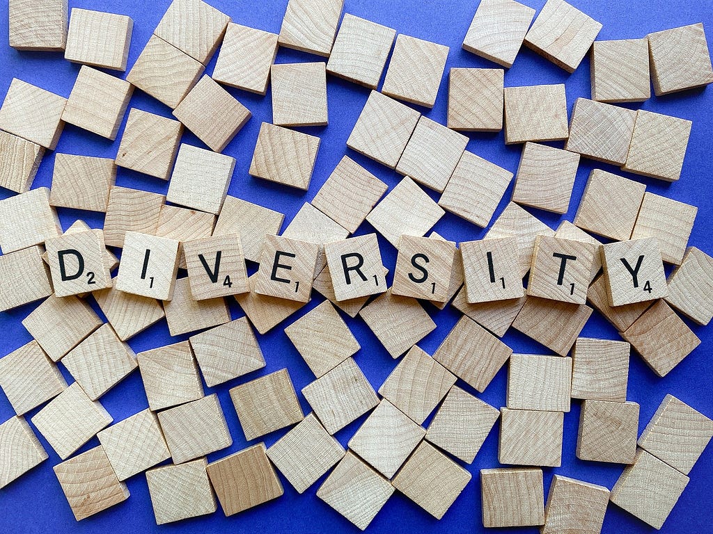 Scrabble pieces spelling out DIVERSITY are strewn across many blank scrabble pieces with a blue background.