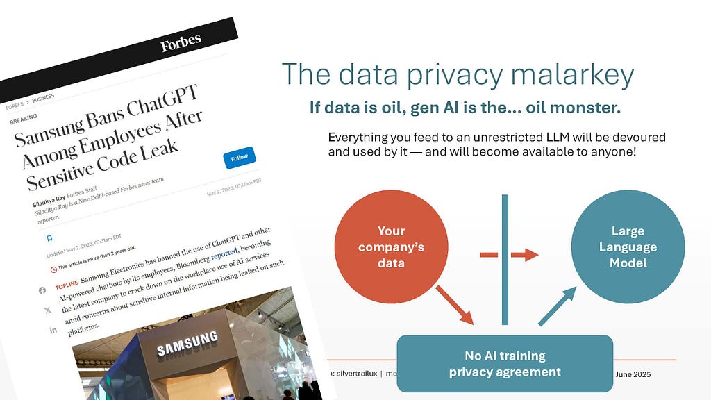 A slide that says “The data privacy malarkey. If data is oil, gen AI is the… oil monster” and a headline “Samsung Bans ChatGPT Among Employees After Sensitive Code Leak”