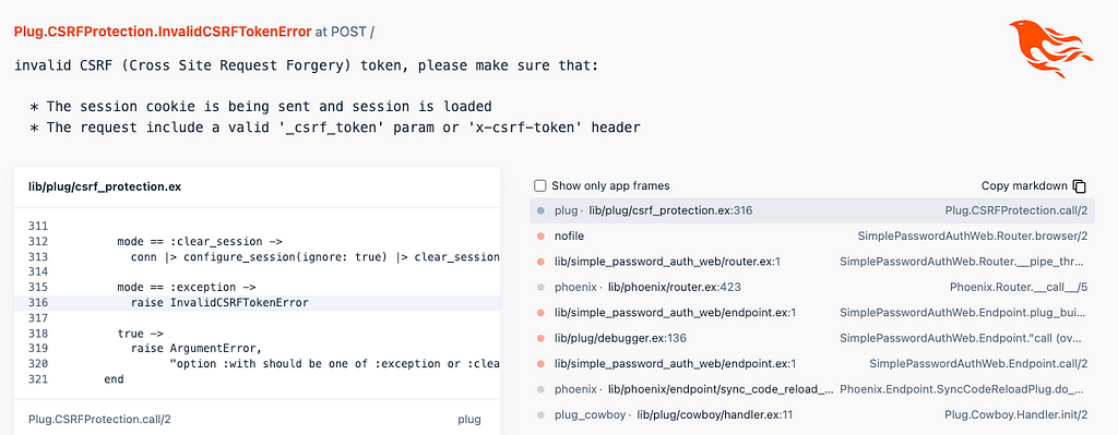 Screenshot of the Phoenix CSRF error I encountered before adding the CSRF token as a hidden form input.