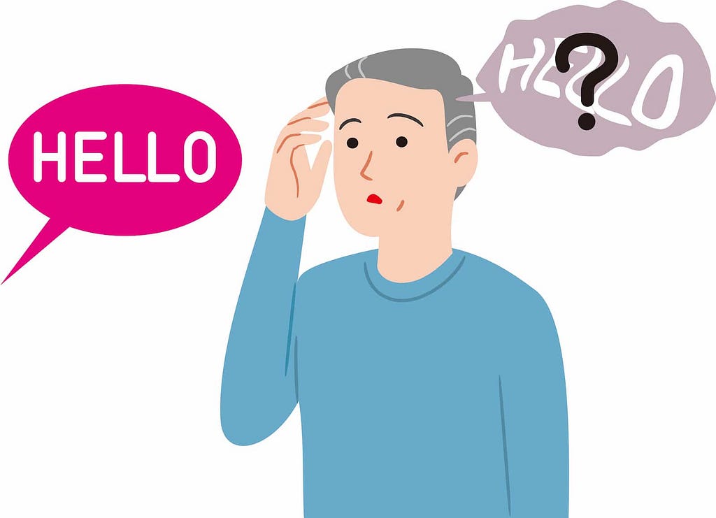 An illustration of aphasia. A man looks confused upon hearing “hello” spoken to him.