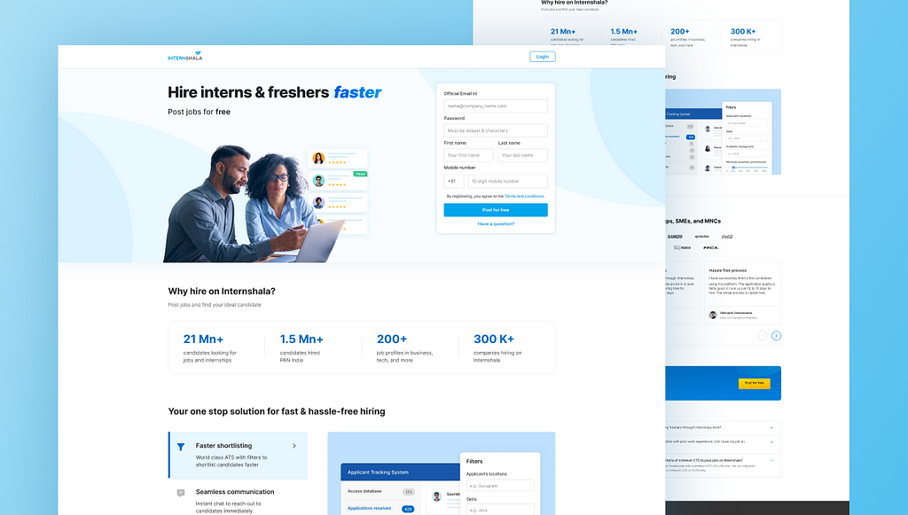 Internshala employer’s landing page final design