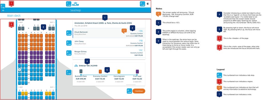 An annotated screenshot, showing where improvements could be made for the seat map.