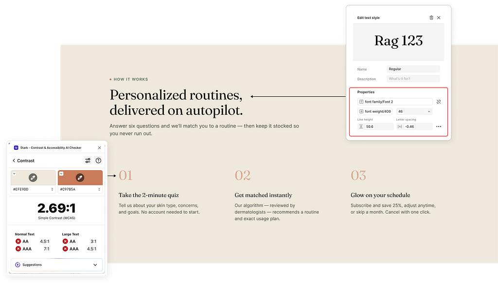 The vibe-coded interface translated into Figma reveals accessibility issues, inconsistent typography and a weak hierarchy.