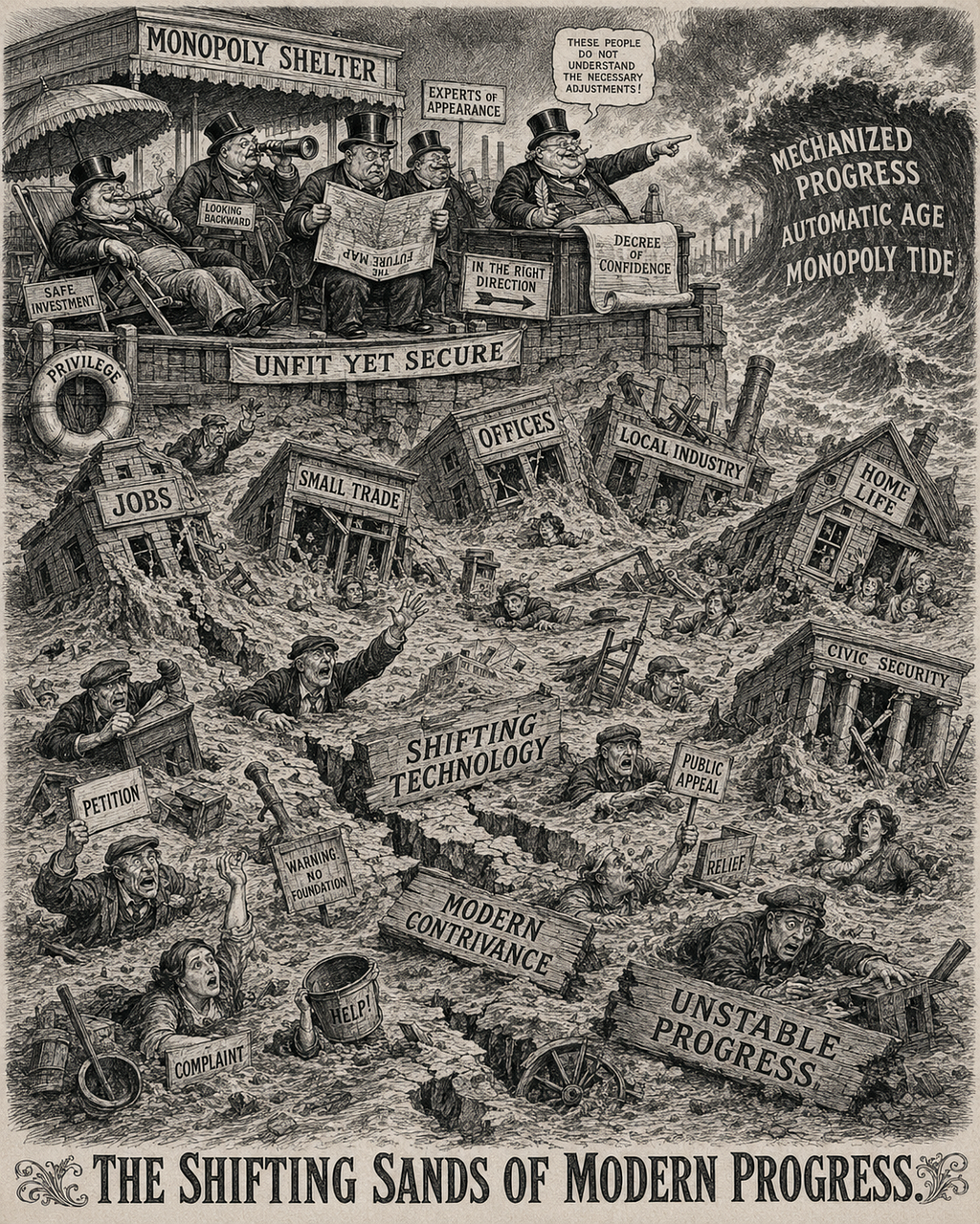 An AI-generated image of institutional buildings and people succumbing to shifting sands at the base of a cliff, with a powerful class of people safely upon a rock while the tide of automation washes in on the beach.