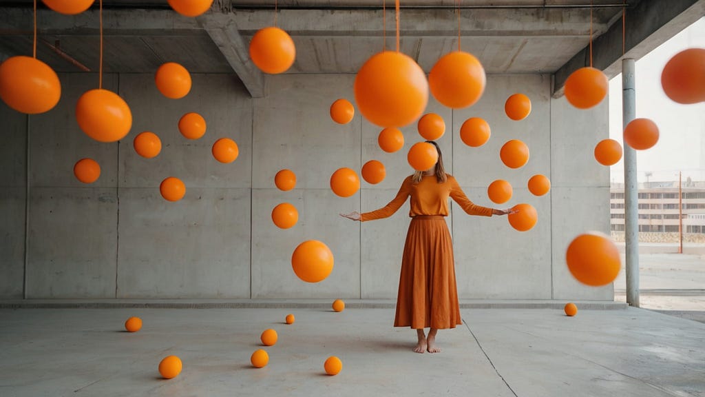 Woman standing among levitating essential orange balls in a house made of concrete