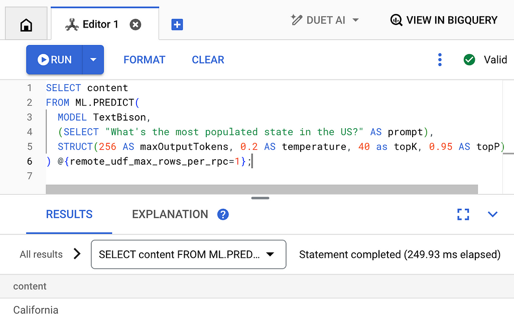 Google Cloud Spanner Studio Editor pane showing the query code and output using the ML.PREDICT method of calling the TextBison LLM model that we previously created. The question “What is the most populated state in the US?” is answered with “California”