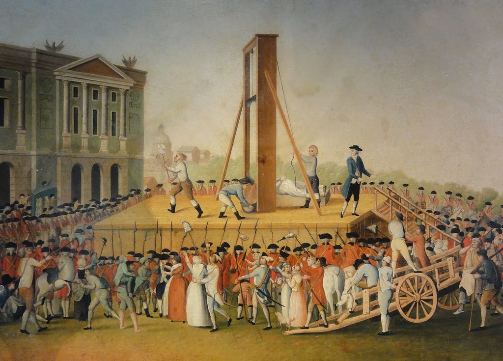 An old historical painting depicts a large crowd at Marie-Antoinette’s execution by guillotine. There are many soldiers to ensure the safety of the executioners.