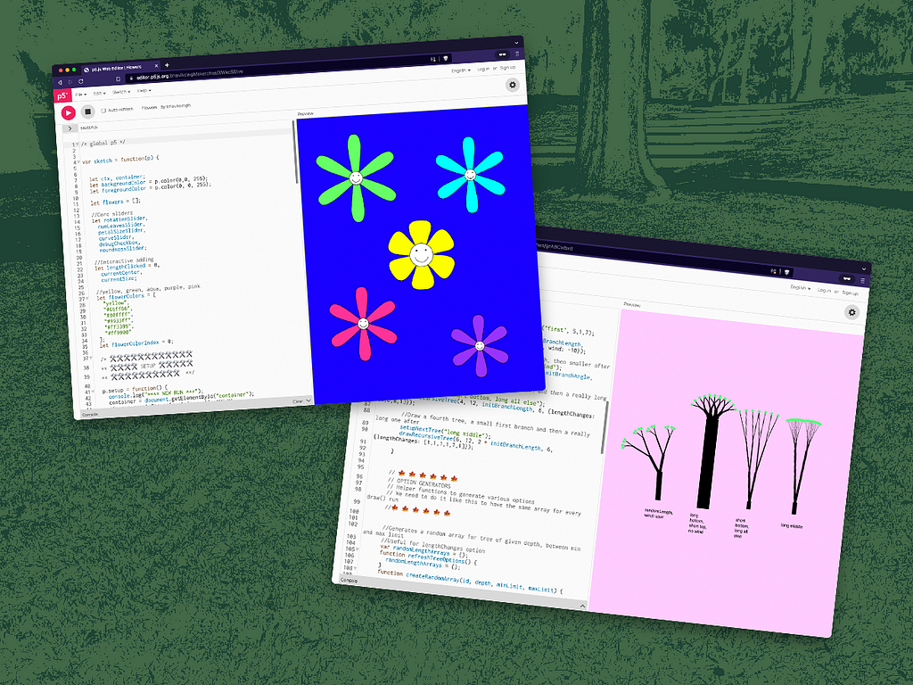 Two browser windows are set against a duotone background of a park. Each browser window shows a P5.JS web editor sketch, with the code on the left and the previews on the right. The previews depict graphical, colorful representations of trees and flowers in various forms. The code is illegible but looks well commented and organized.