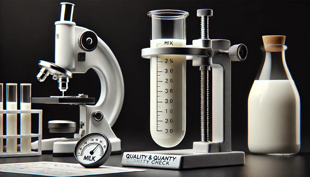 An image presentation of checking the milk for quantity and quality.