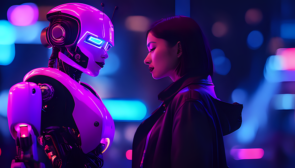 A woman conversing with a robot.