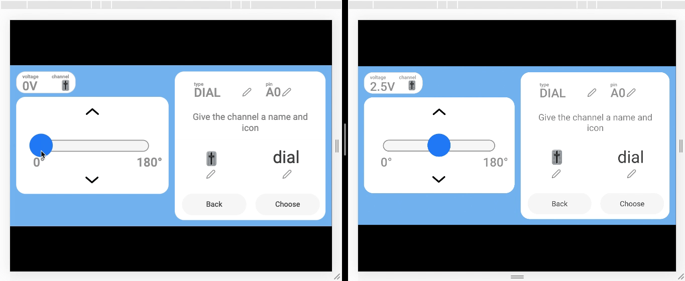 On the left side an interface with a slider that is moving, the value on the left top says "voltage" and is being influenced by the slider on the screen. On the right side, there is a Figma mirror screen.