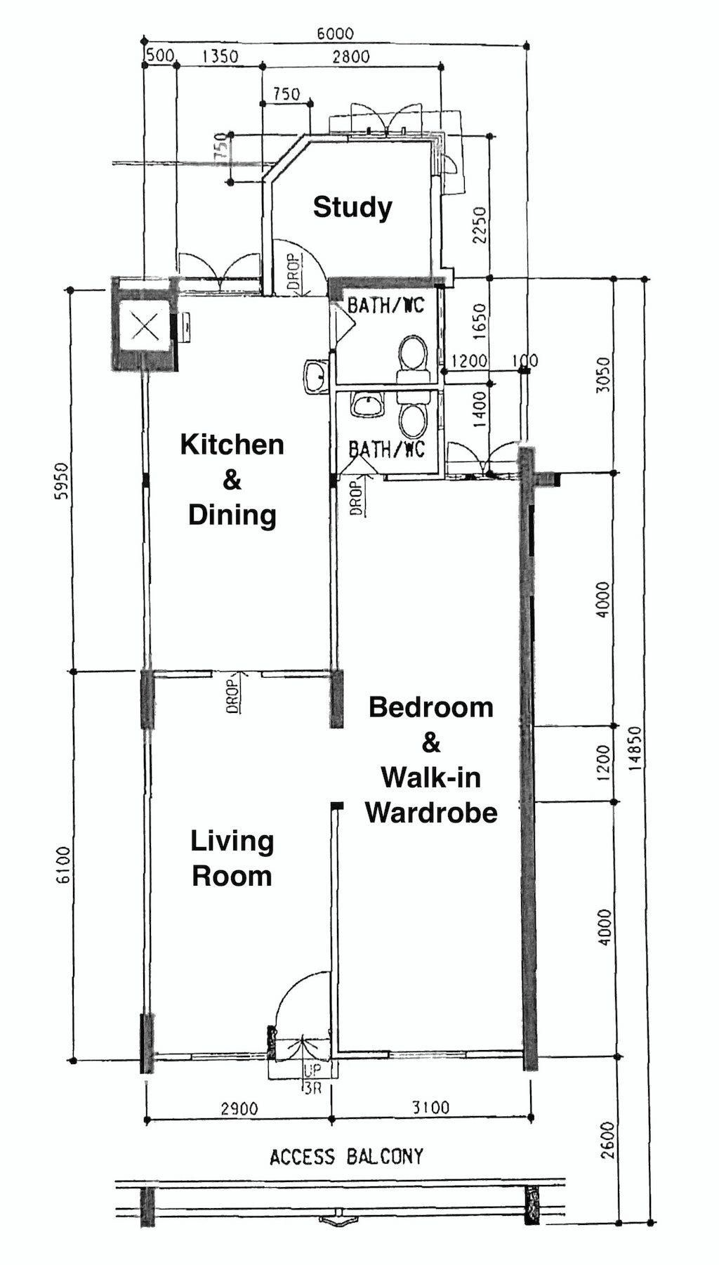 Floor plan of 3-room HDB apartment