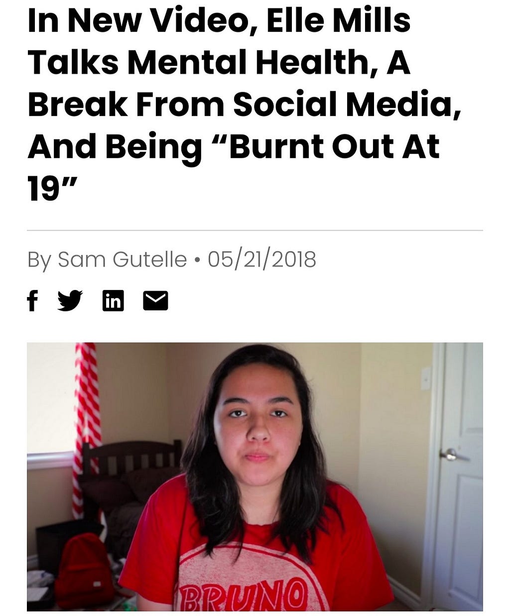 Screenshot of the news from tubefilter.com-: “In a new video Elle Mills talks mental health, taking a break from social media and being burnout at 19” written by Sam Gutelle- photo with Elle Mills looking a bit sad