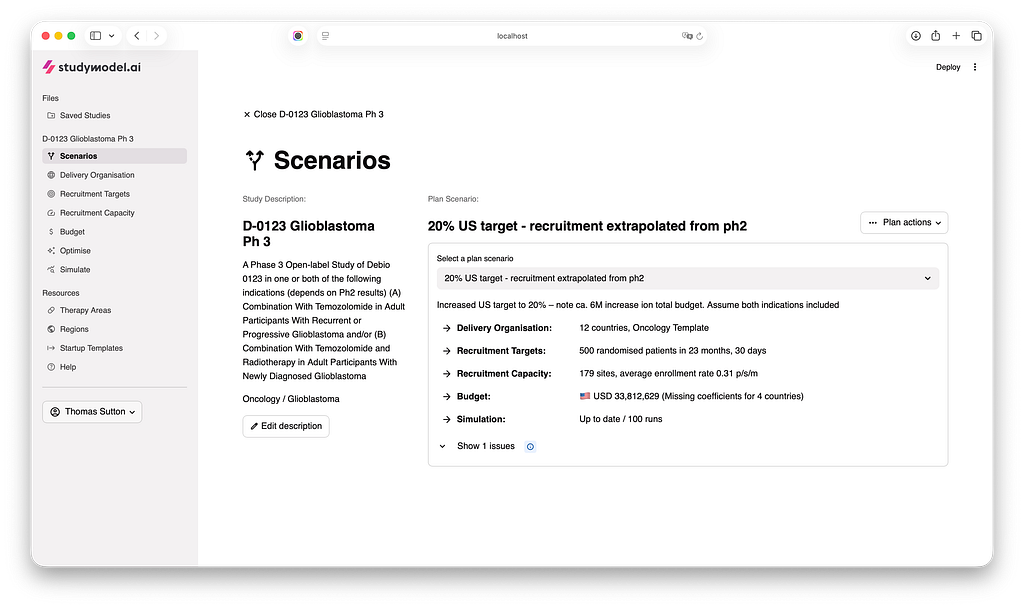 A web interface showing a “scenarios” page where the overview of the selected scenarion is summarised in 5 brief stuctured text items, instead of a visual representation like a dashboard.