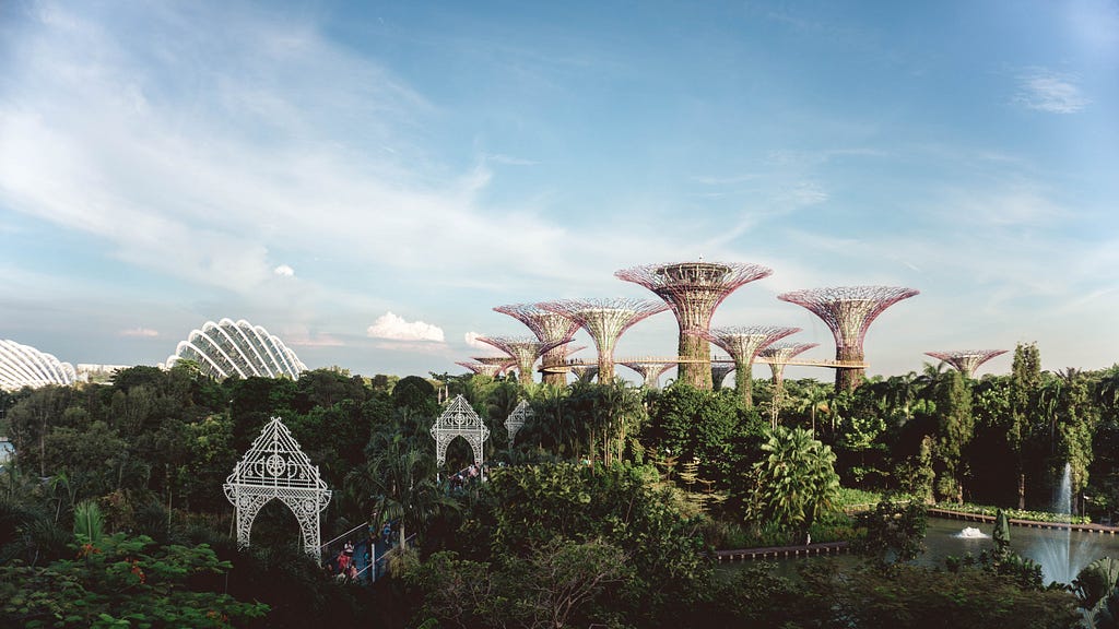 A colour photo of Gardens by the Bay in Singapore. Tall pink garden structures with green gardens below.