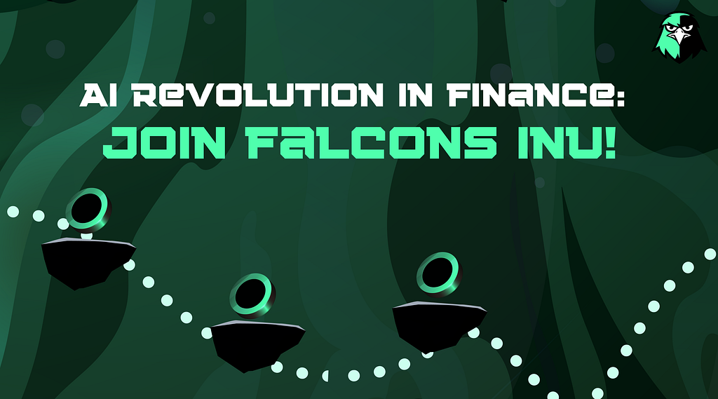 Graphic with futuristic elements and text ‘AI Revolution in Finance: Join Falcons Inu!’ with Falcons Inu logo.
