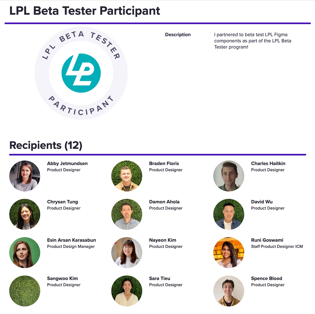 A page displaying the LPL Beta Tester participant badge at the top and the beta tester’s name and role below.
