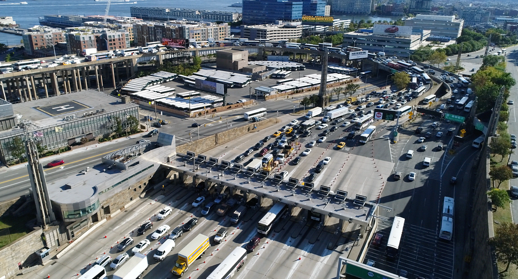 Traffic at the toll plaza before the entrance to the Lincoln Tunnel in Weehawken, New Jersey.