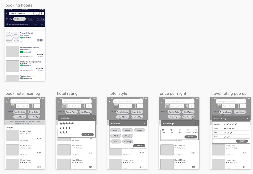 image of hotel booking page on the skyscanner app; including 4 new screens with additional options to filter results.