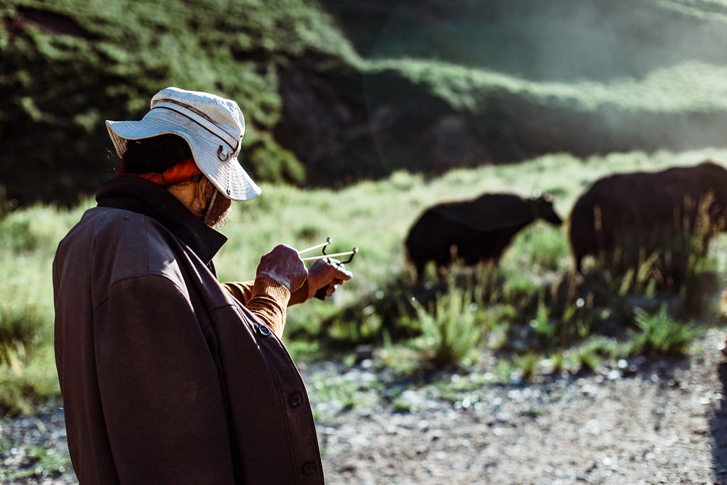 Man in floppy brimmed hat aiming a slingshot at very large animals