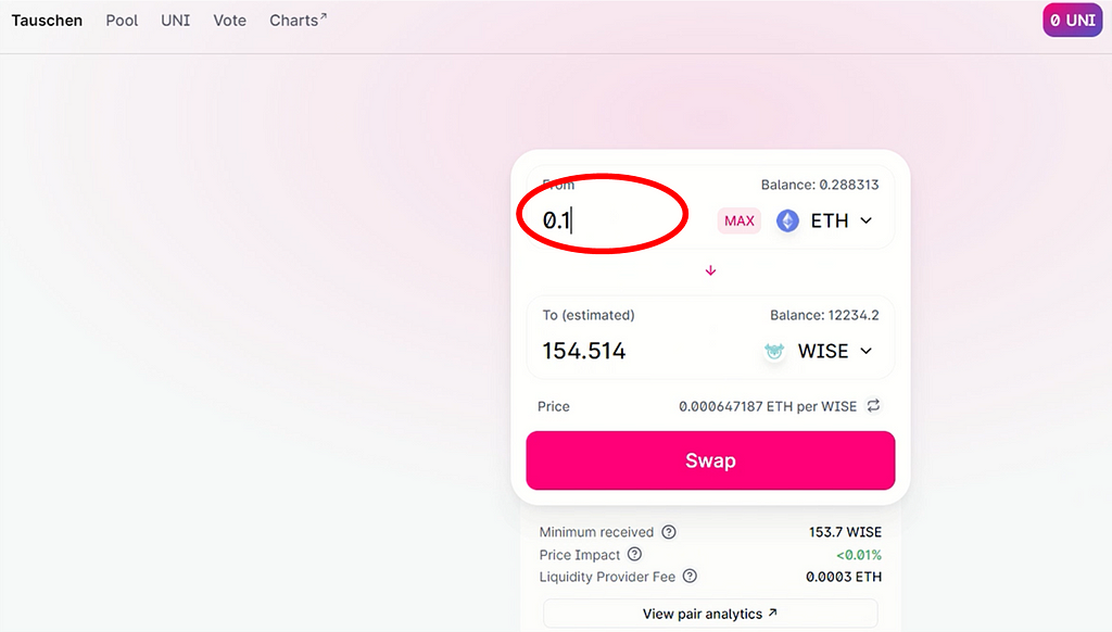 6. Enter the amount of Ethereum you want to buy WISE Token for and then click swap — How to buy WISE Token on Uniswap