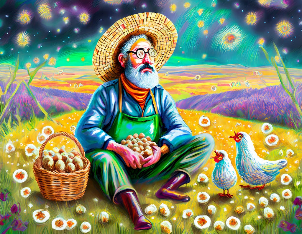Adobe Firefly (AI) image. Prompt: an old grizzled farmer sitting in a field hallucinating a flock of chickens floating through space. trippy psychedlic