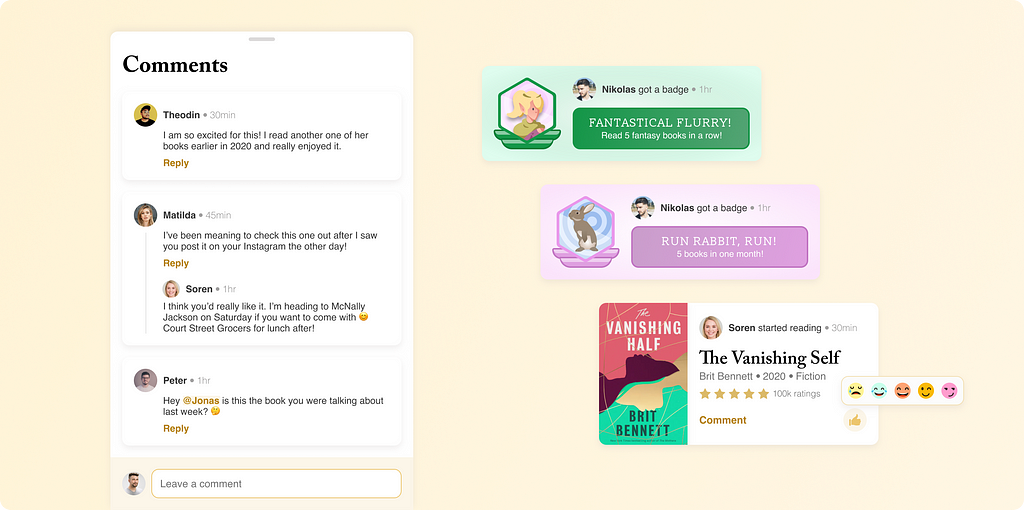 Updated Goodreads design — comment bottom sheet, badges, and emotes.