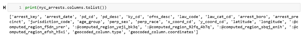 ‘nyc_arrests’ columns list