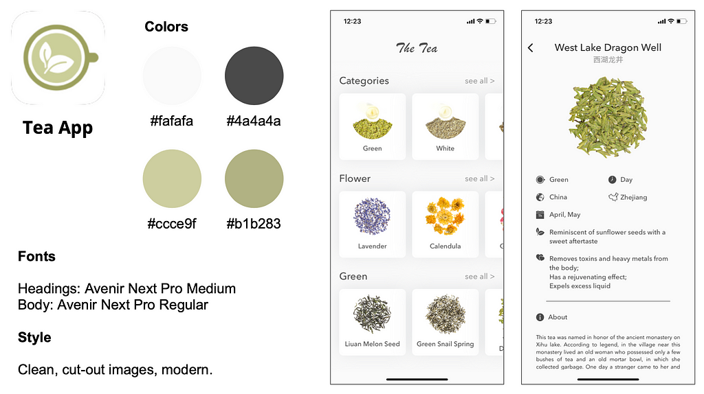 Visual Identity Competitive Analysis for Tea App showing what colors, fonts, logo and more they use.