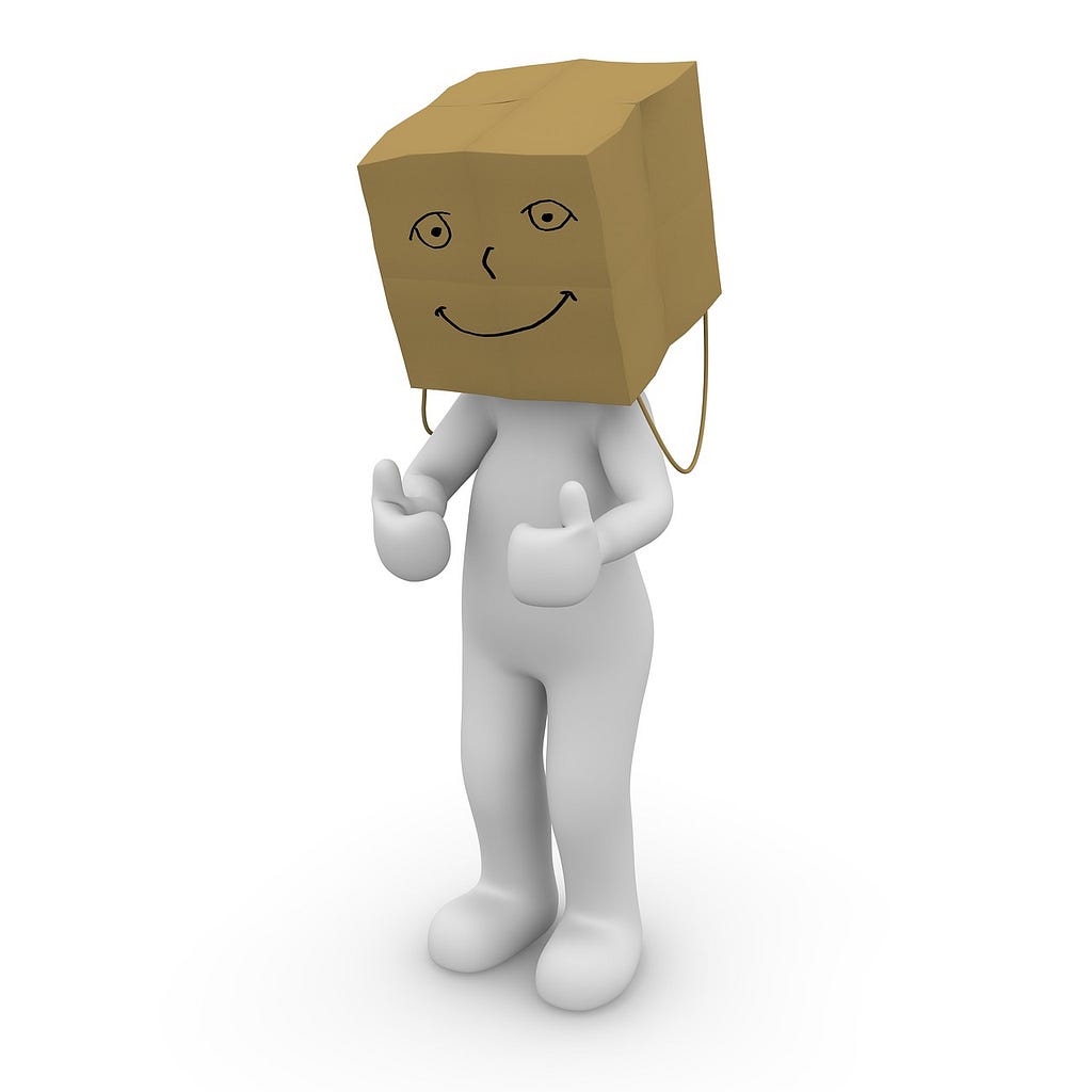 A stock rendering of an digital all white body holding up sadly two thumbs up and a paper bag over their head with a smiley face drawn on