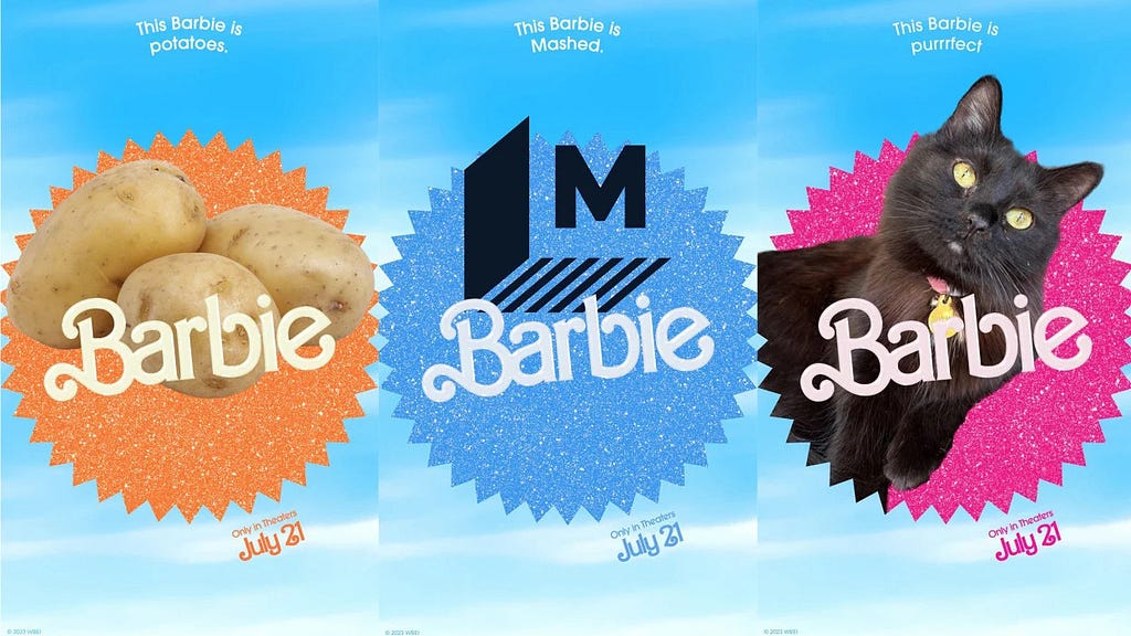 Three example Barbie posters from Mashable, of potatoes, the Mashable logo, and a cat respectively.