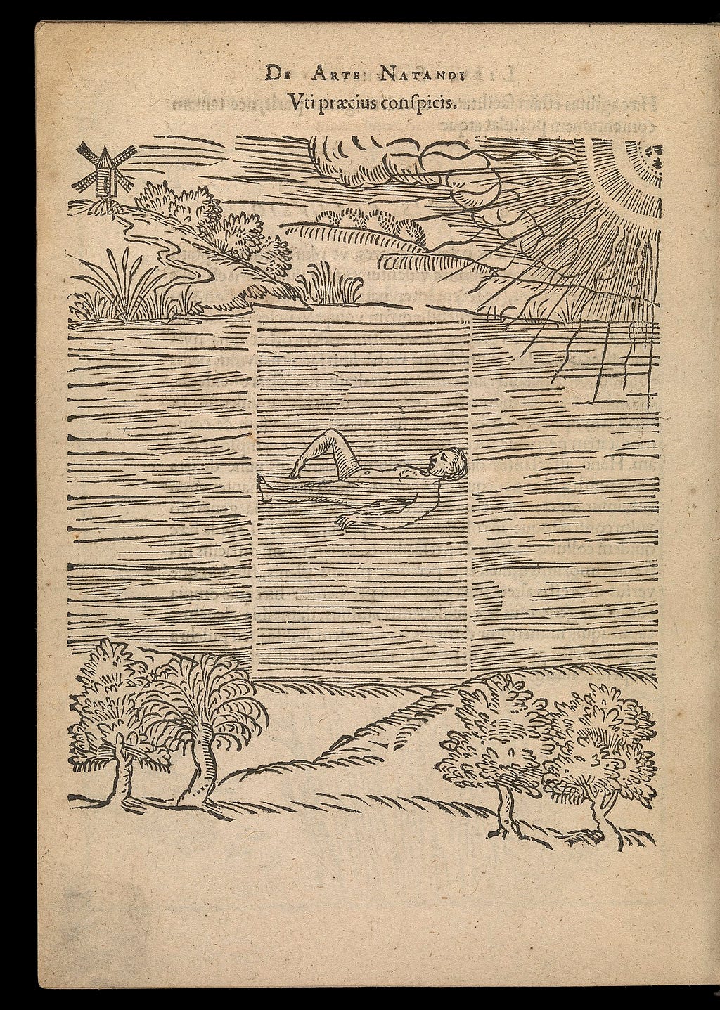 Woodcut of a nude man floating in a river. Shrubs surround the river and the sun’s rays are visible.