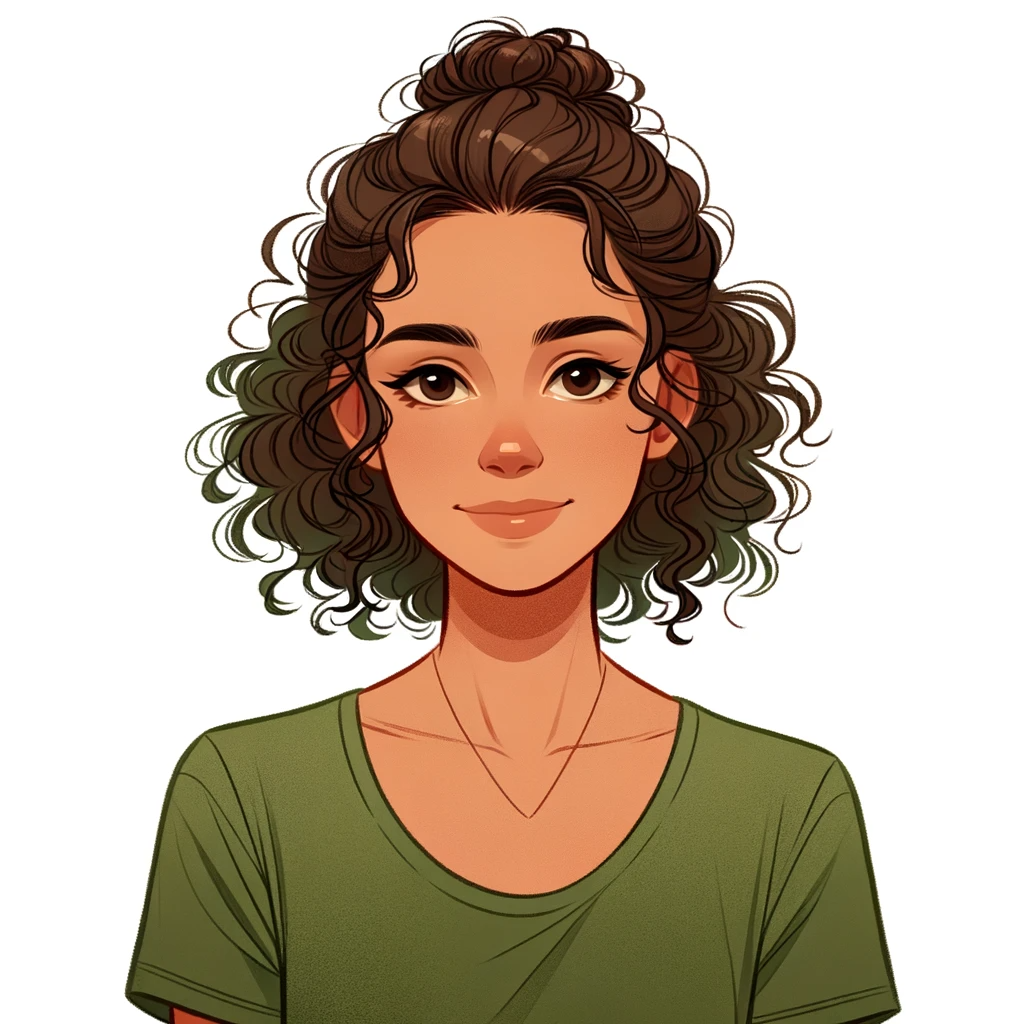 Illustration portrait of a 30-year-old American woman with her curly wavy hair styled in a bun. She’s wearing a green t-shirt and has a gentle expression on her face.