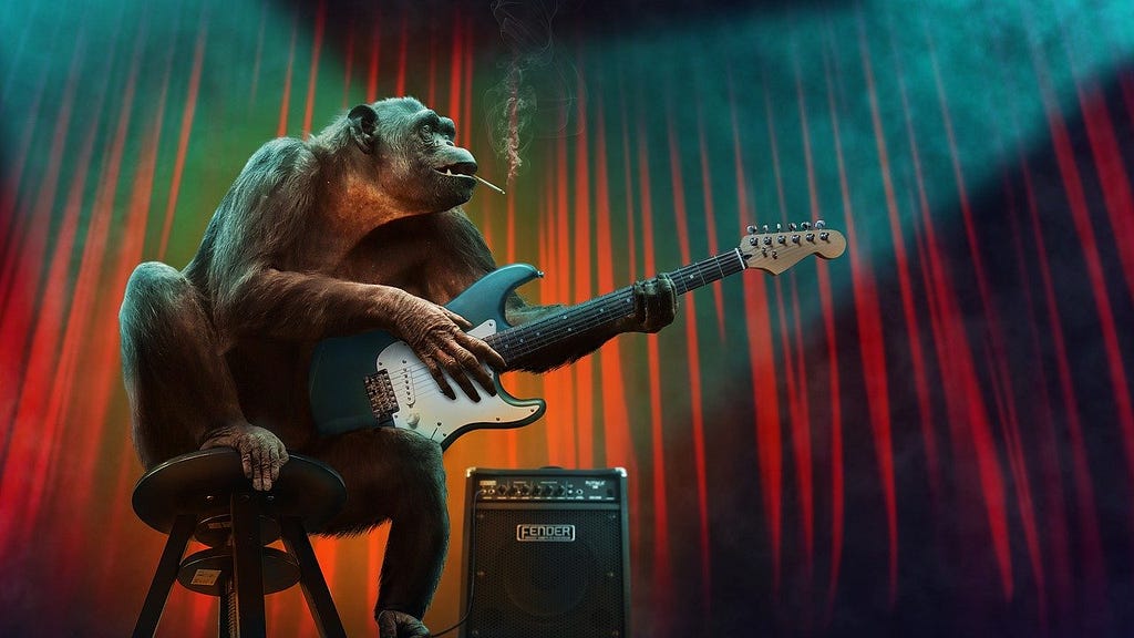 Monkey on stage playing electric guitar