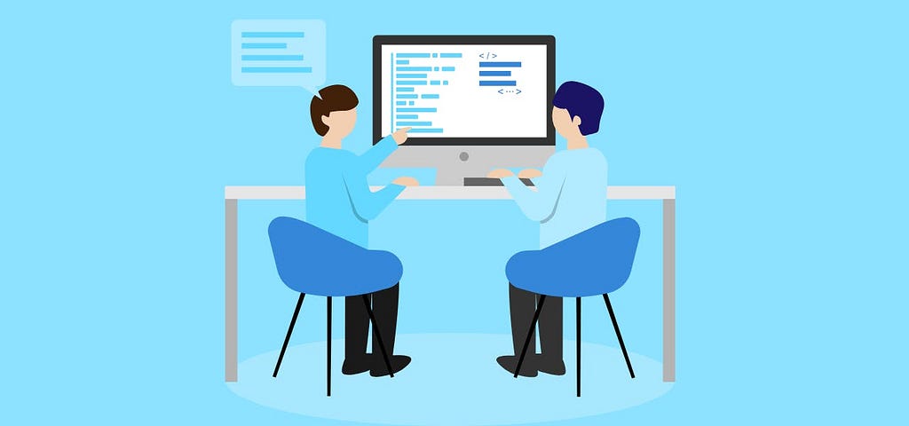 Animated picture of two developers sharing a computer
