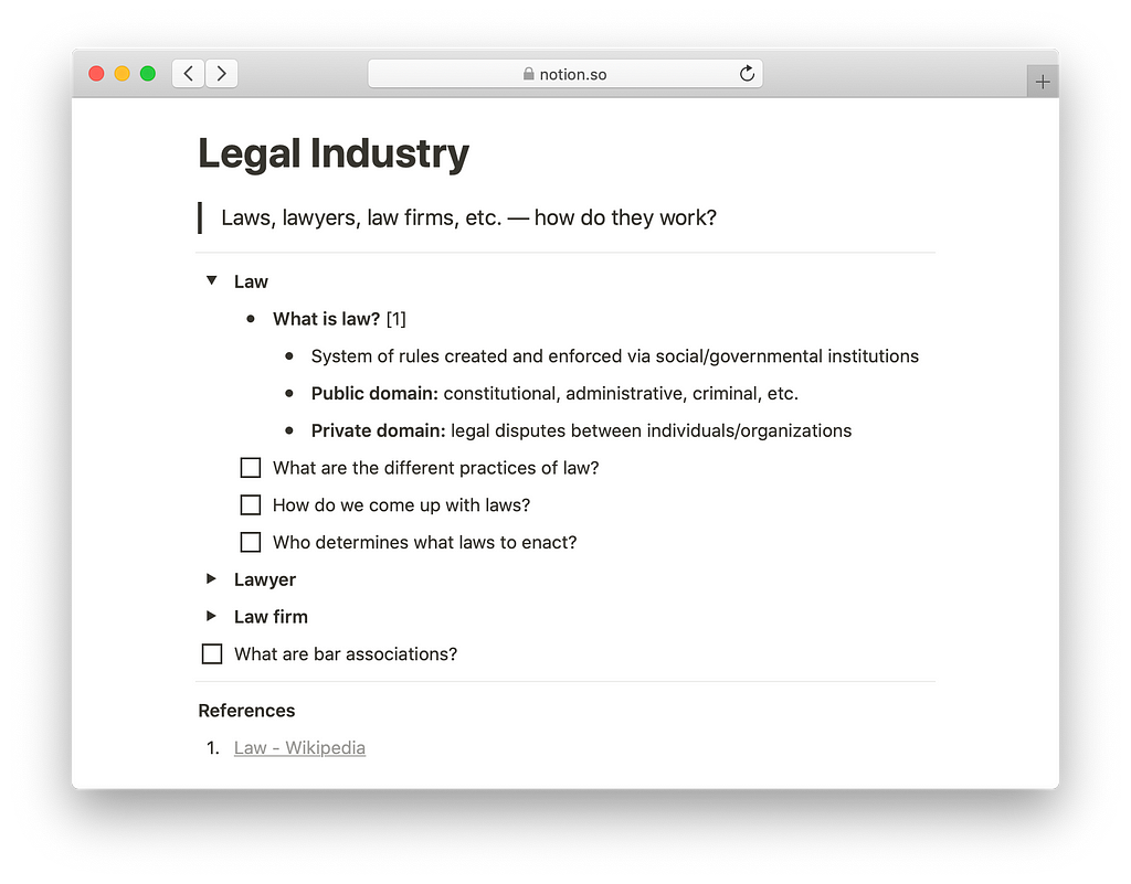 Screenshot of a Notion page called Legal Industry with notes in point form