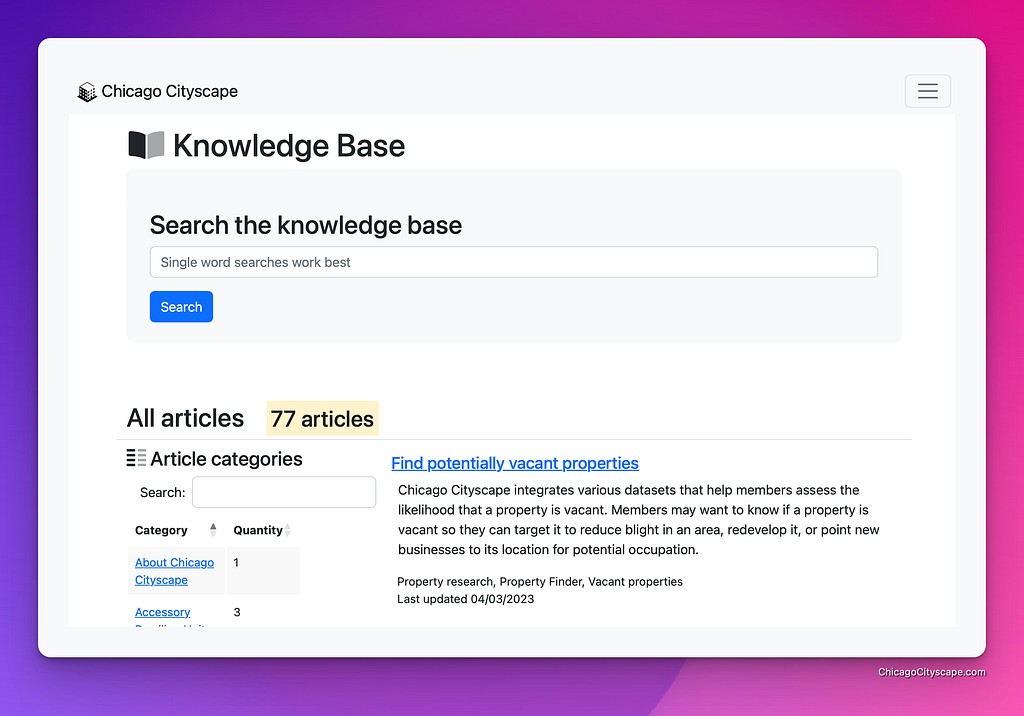 screenshot of the Knowledge Base webpage